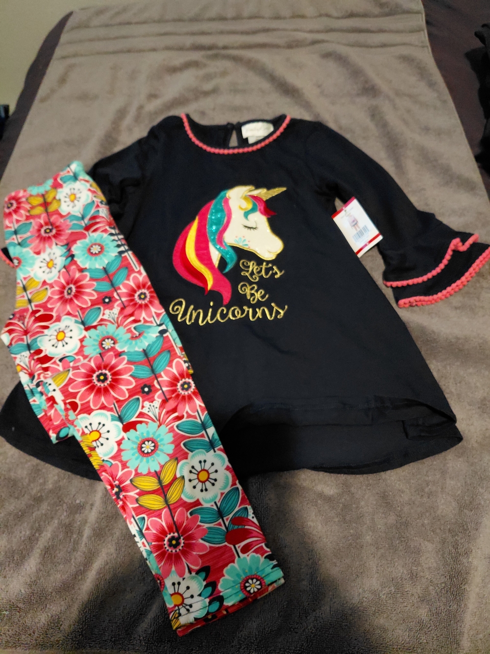 Girls Navy Unicorn Top and Floral Leggings Outfit Set